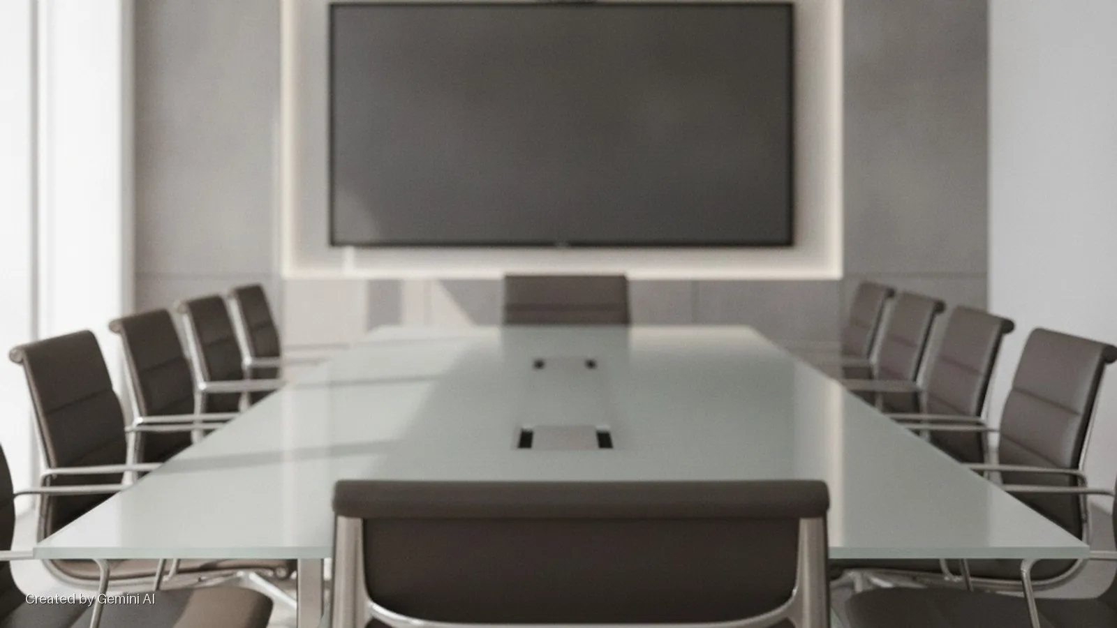 A brightly lit modern conference room featuring a long frosted glass table, multiple dark office chairs, and a large wall-mounted display screen.