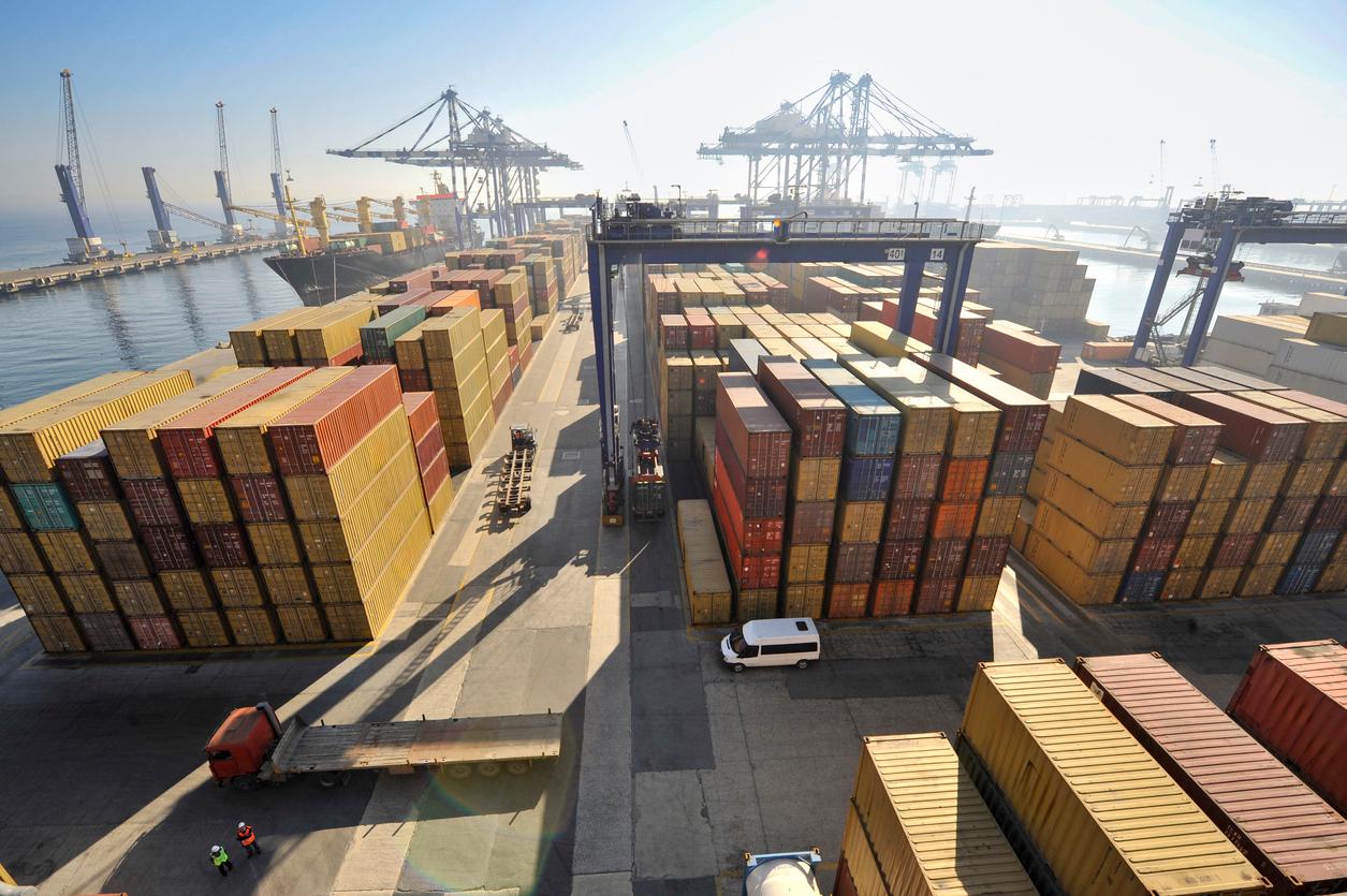 Stack of containers box. Cargo Freight Shipping of Container Logistics Industry