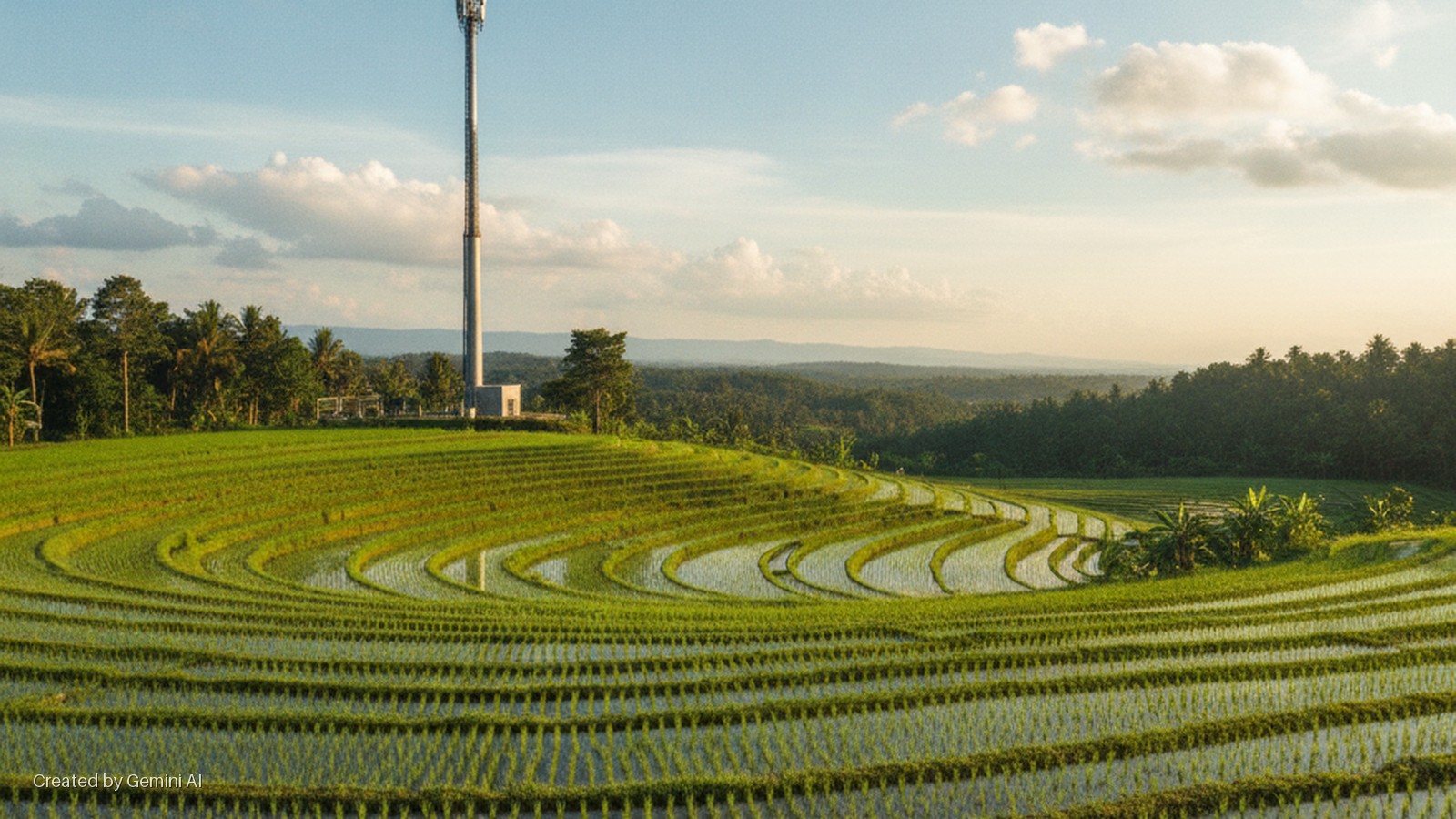 Lush green rice terraces, some flooded with water, curve across a rural landscape towards a tall cellular tower on a hill, surrounded by dense trees, all bathed in warm golden hour sunlight under a partly cloudy sky.