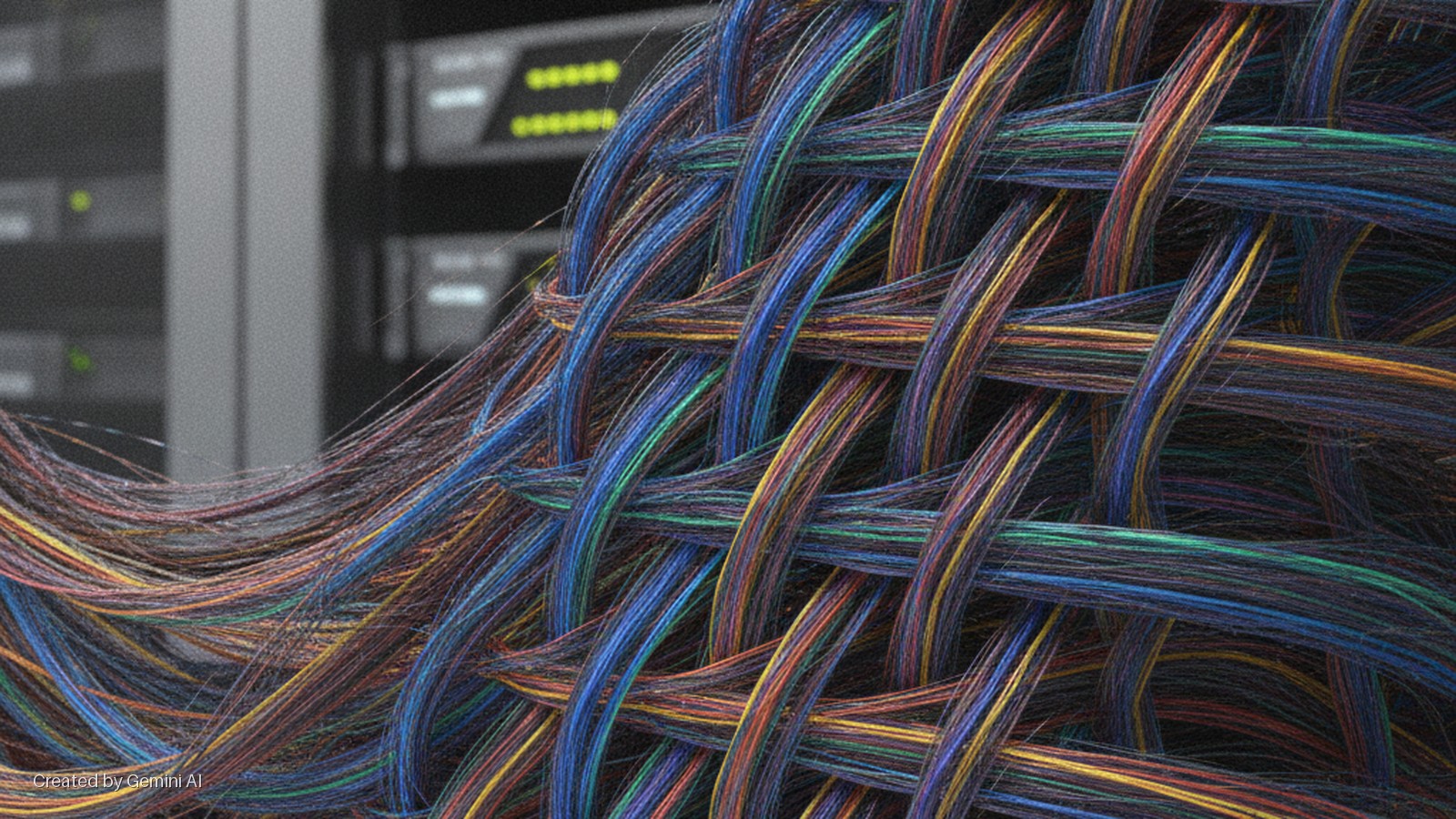 An intricate weave of thin, multi-colored network cables fills the foreground, with blurred server racks and glowing indicator lights visible in the background.