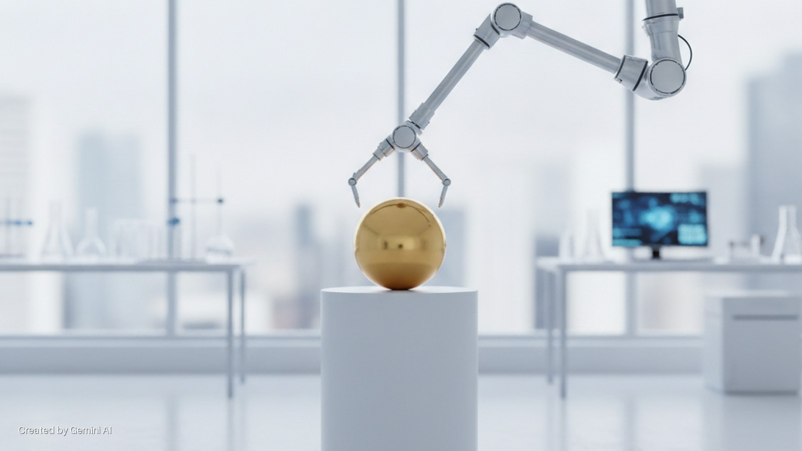 A robotic arm is poised above a golden sphere on a white pedestal in a brightly lit, modern laboratory with lab glassware and a computer monitor on tables.