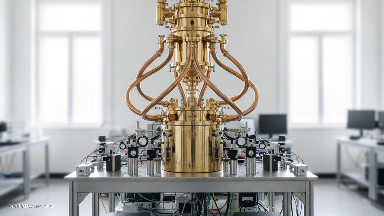 A golden, multi-tiered dilution refrigerator with curved copper tubes stands on a scientific workbench surrounded by control equipment in a brightly lit laboratory with large windows.
