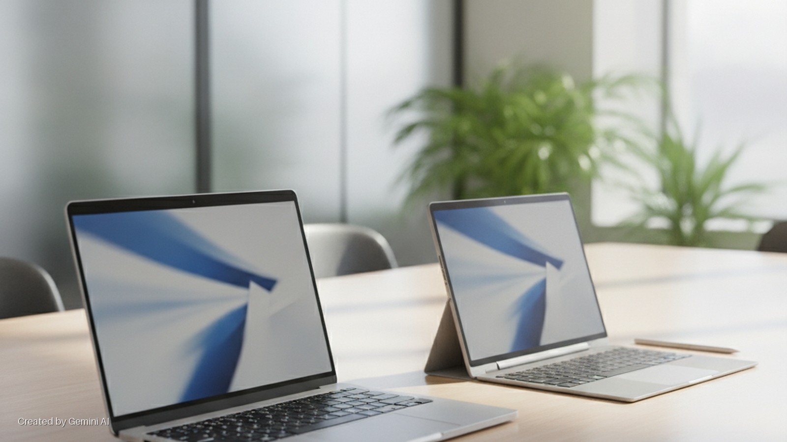 A silver clamshell laptop and a 2-in-1 laptop with a stylus rest on a light wooden table in a bright office setting, both displaying a blue and white abstract design on their screens.