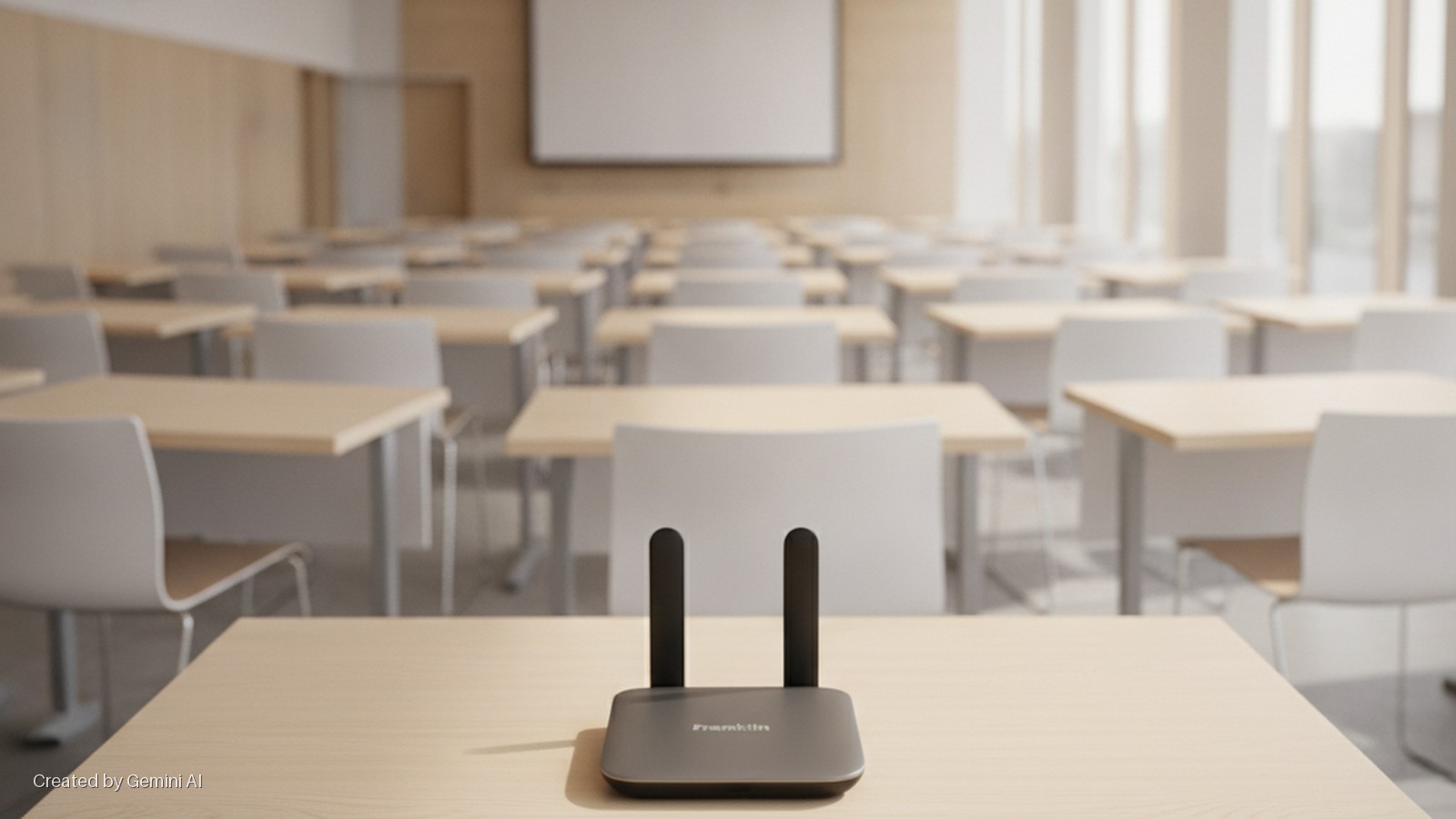 A dark grey Franklin device with two antennae rests on a light wooden desk in a brightly lit classroom with rows of wooden desks, white chairs, and a projector screen on the front wall.