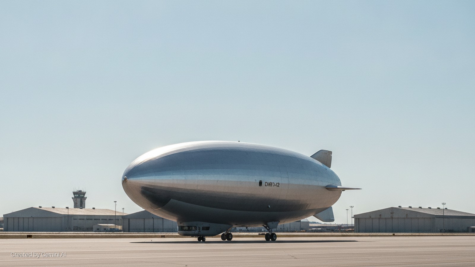 A silver blimp rests on an airport tarmac with an air traffic control tower and two hangars in the background under clear daylight.