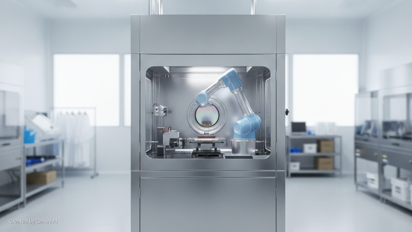A blue robotic arm operates within a stainless steel enclosure featuring a circular viewing window, situated in a brightly lit cleanroom laboratory with racks of equipment and large windows in the background.