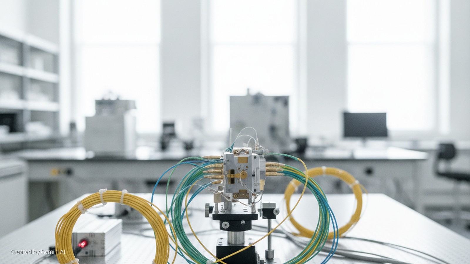 A central scientific apparatus intricately connected by numerous yellow, blue, and green fiber optic cables rests on a lab table, brightly lit by natural light from large windows in a blurred modern laboratory setting.