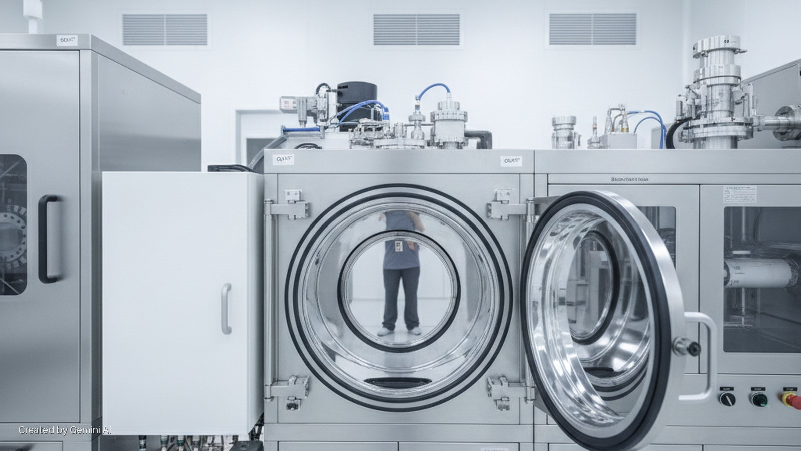 Brightly lit stainless steel bioprocessing equipment with two circular access ports, one open and one reflecting a person, in a cleanroom setting.