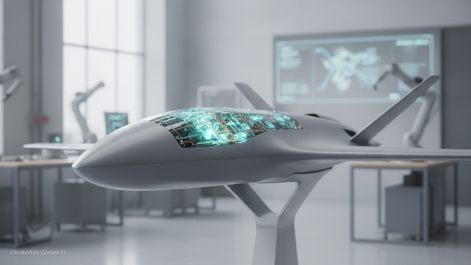 A grey, futuristic drone model with glowing internal circuitry visible through a transparent section is displayed on a stand in a brightly lit, modern lab, with robotic arms and a large technical display screen in the background.