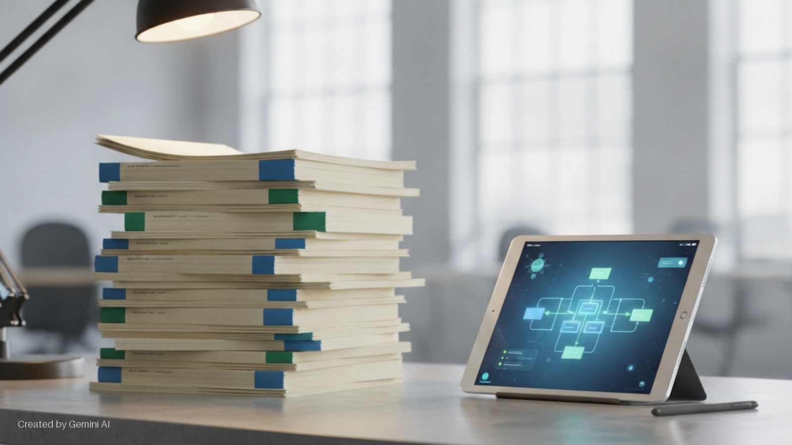 A desk lamp illuminates a tall stack of documents with blue and green tabs positioned next to a tablet displaying a vibrant digital flowchart and a stylus, on an office desk with a bright, windowed background.