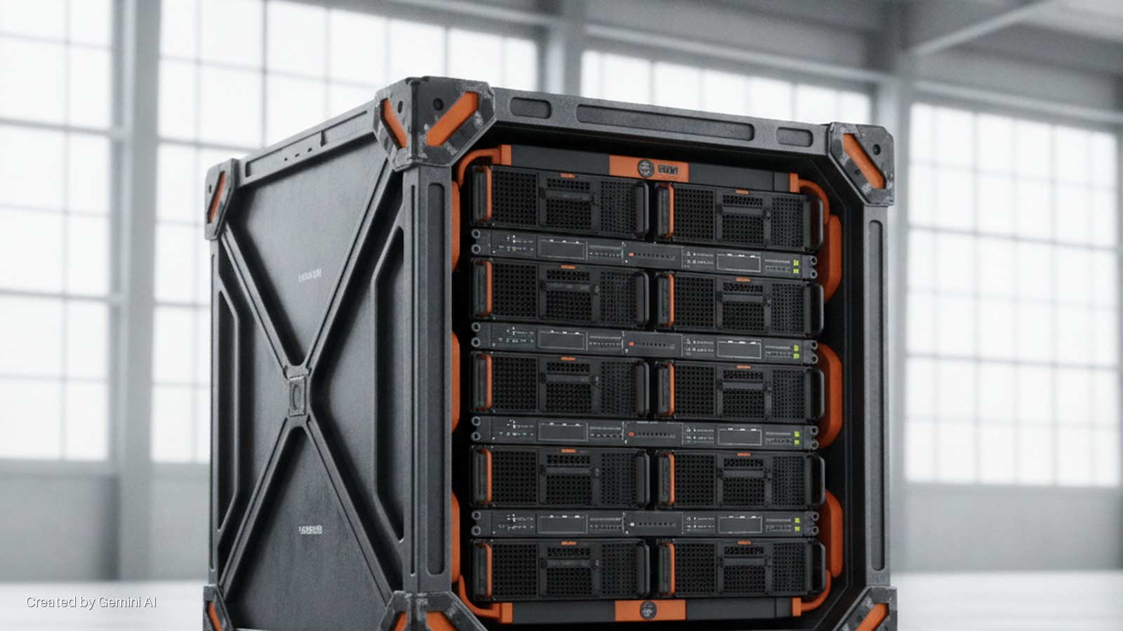 A dark grey, ruggedized server rack with orange accents encases multiple black server units, positioned in a brightly lit indoor space with large grid windows in the background.