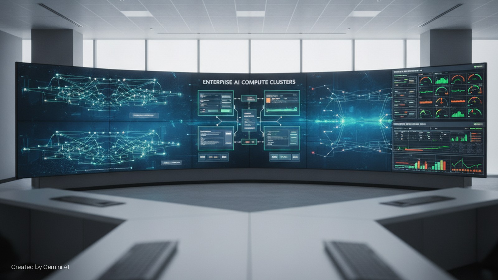 A brightly lit modern control room features a large curved display wall showing blue and green technical diagrams, graphs, and dials, with a white conference table and keyboards in the foreground, and windows in the background.
