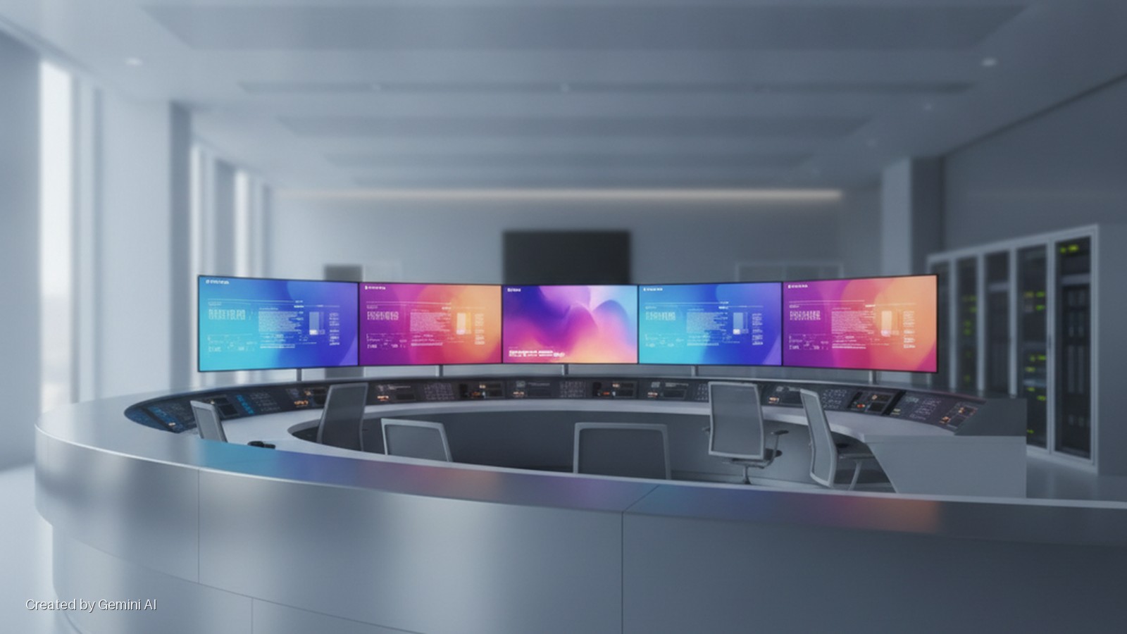 A brightly lit, modern control room features a curved desk with six large monitors displaying colorful data interfaces, office chairs, and server racks in the background.