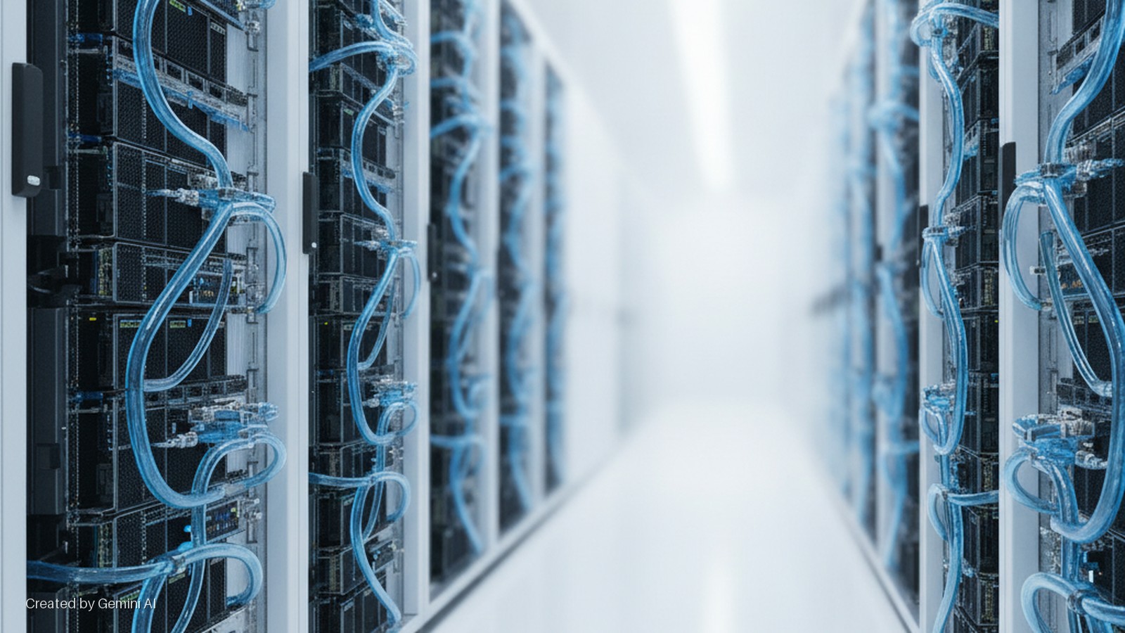 A brightly lit data center aisle features rows of black server racks interconnected by clear blue liquid cooling tubes.