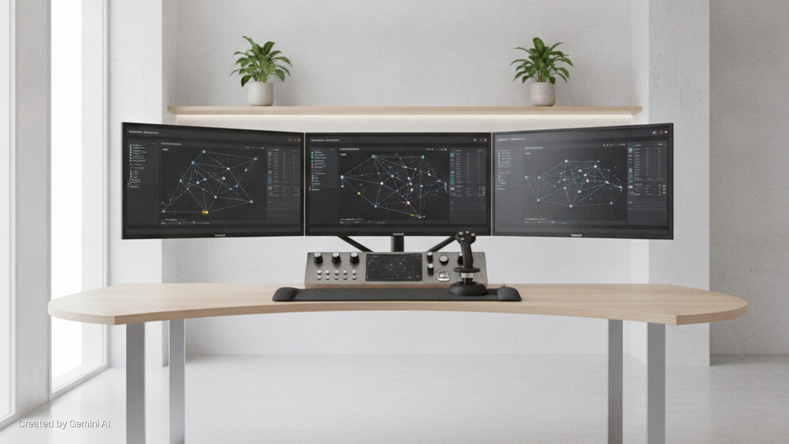 Three computer monitors displaying network graphs with data are positioned on a light wooden desk, alongside a control panel, a joystick, and a keyboard wrist rest, in a bright, minimalist office space with white walls, a window, and two po