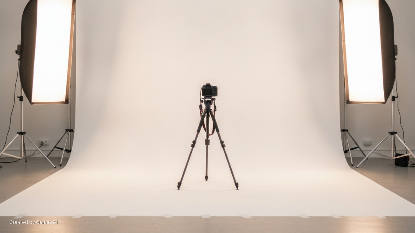A photography studio features a black camera on a tripod centered on a white seamless backdrop, brightly lit by two rectangular softbox lights flanking it.