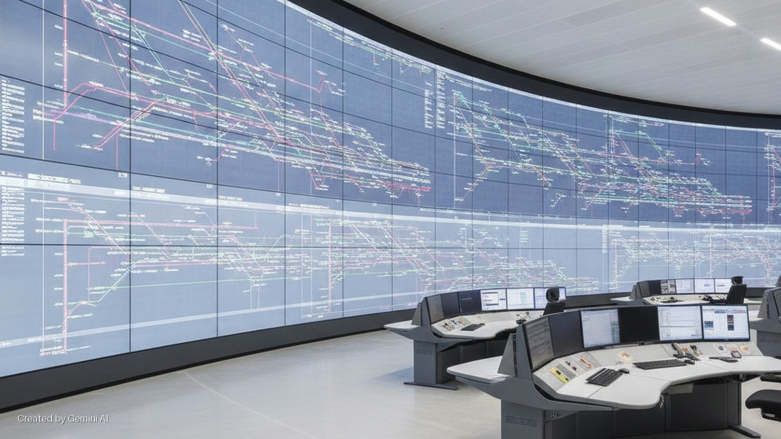 A brightly lit control room features a large curved video wall displaying a complex network diagram, with multiple operator desks equipped with computer monitors and control panels in the foreground.