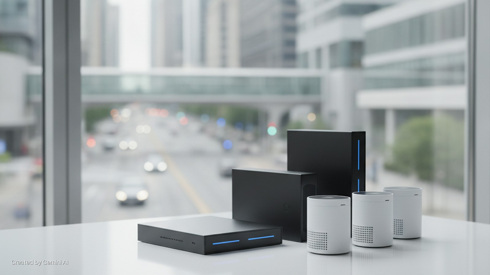 Several black rectangular and white cylindrical electronic devices with blue indicator lights are arranged on a white table in natural light, in front of a large window overlooking a blurred city scene with buildings, an elevated walkway, a
