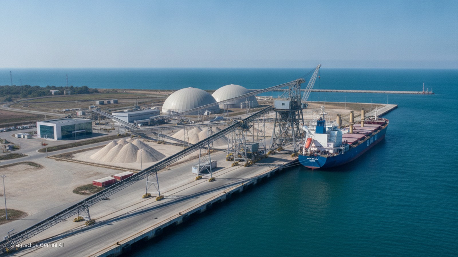An aerial view of an industrial port on a clear, sunny day, featuring a blue cargo ship docked at a long pier with multiple cranes and conveyor belts, alongside large storage domes, material piles, and buildings.