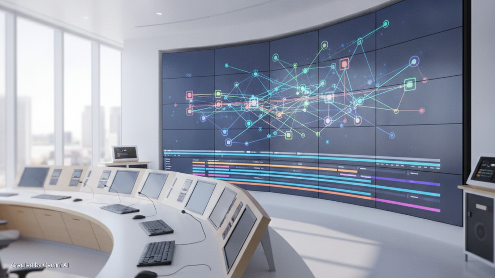A brightly lit modern control room features a curved video wall displaying a colorful network graph and data visualizations above a curved control desk equipped with multiple monitors and keyboards, with large windows overlooking a city sky