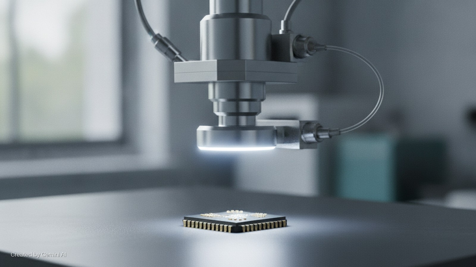 A microchip on a gray surface is brightly illuminated from above by a precision optical inspection apparatus with connecting tubes and cables, set in a laboratory with a blurred window in the background.