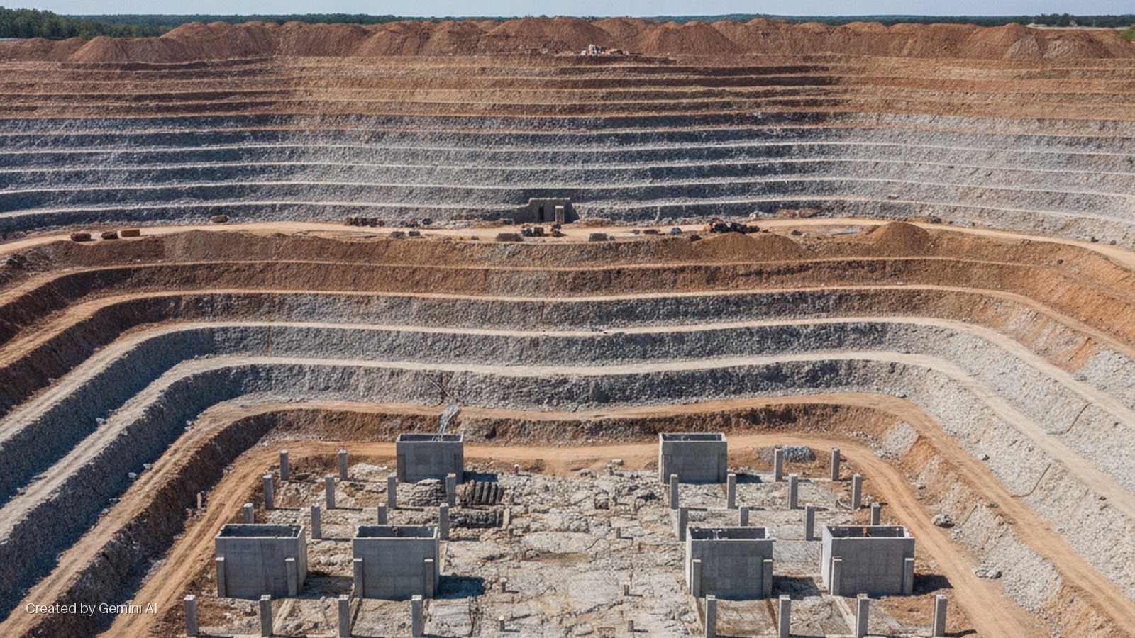 Concrete foundation structures and pillars are positioned at the bottom of a vast, terraced open-pit excavation, illuminated by bright daylight.