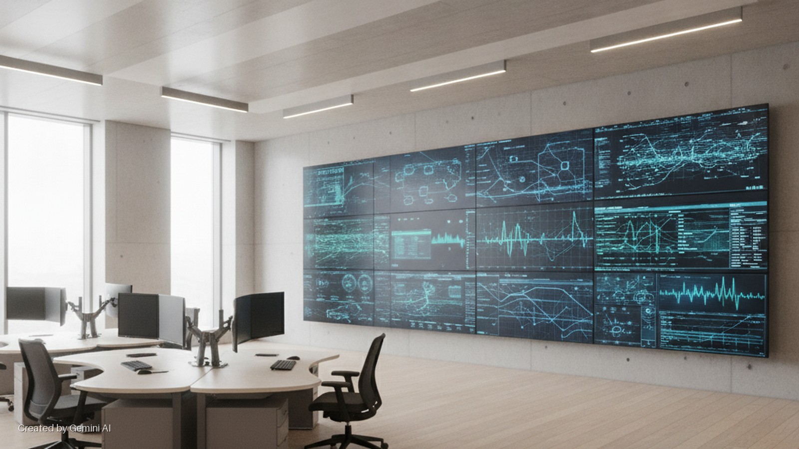 A modern office space features curved light wood desks with ergonomic chairs and computer monitors, a large video wall displaying blue analytical data, tall windows, and linear ceiling lights.