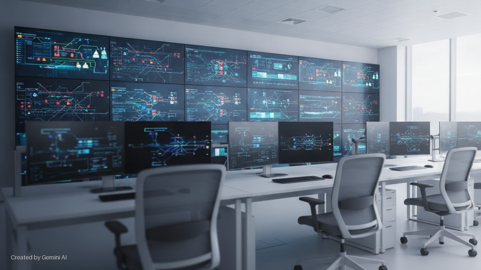 A bright, modern control room features a large wall of display screens showing complex data, rows of white desks equipped with multiple computer monitors, keyboards, and office chairs, and natural light from tall windows.