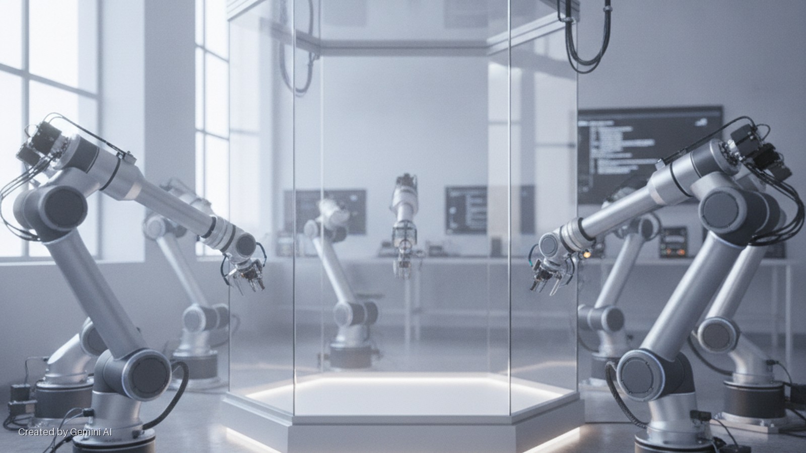 Grey robotic arms are set up in a brightly lit, high-tech room around a central hexagonal glass display case, with computer screens visible in the background.