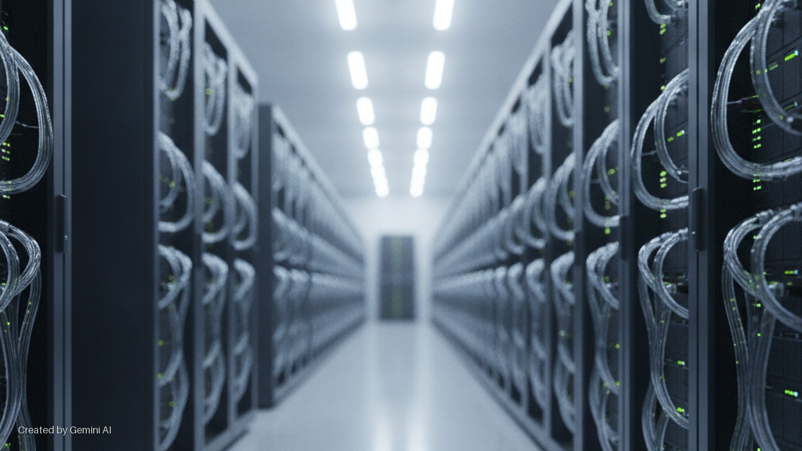 A long aisle in a brightly lit data center is lined with rows of dark server racks featuring numerous bundled cables and green indicator lights.