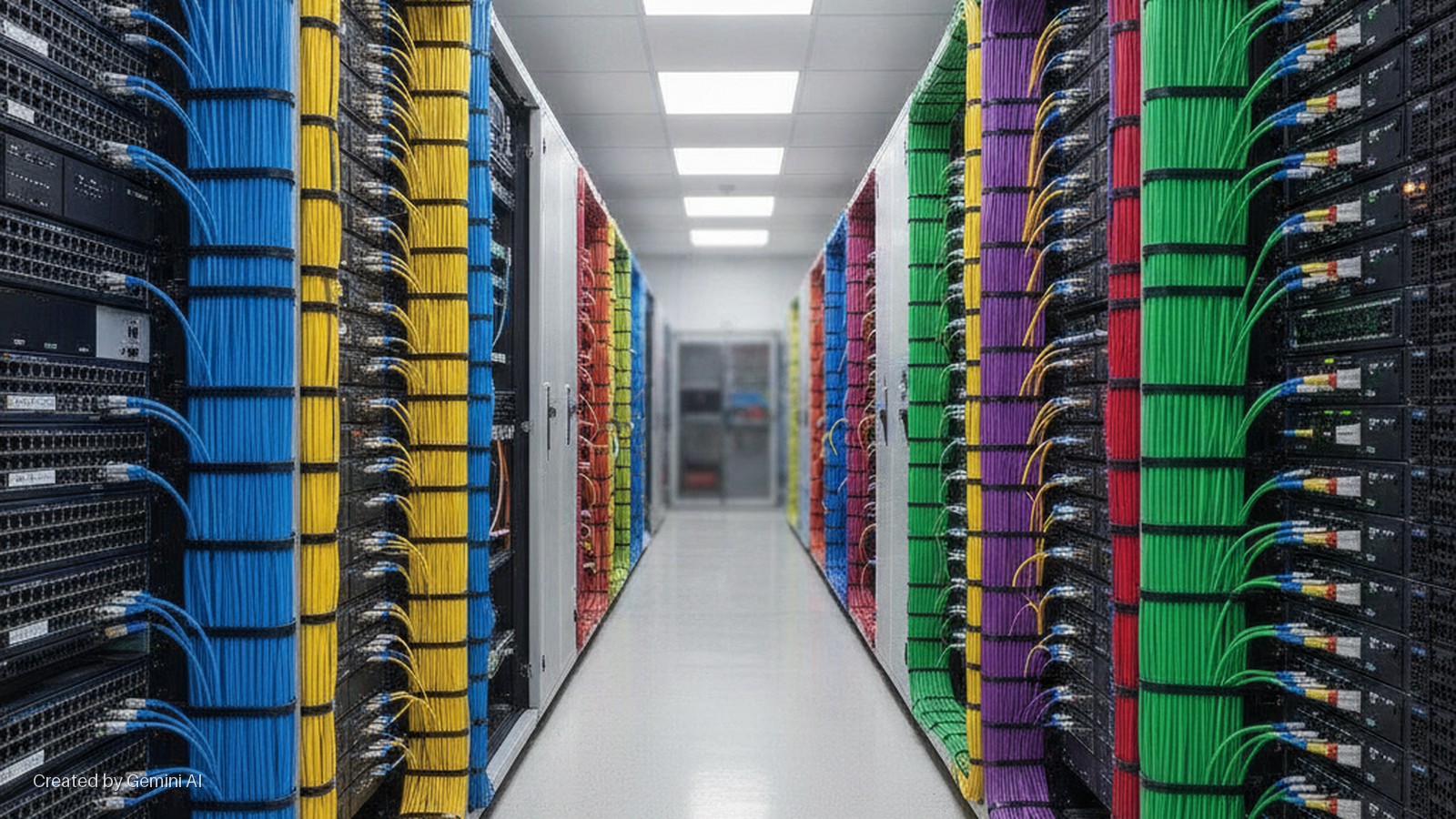 A brightly lit data center aisle is lined with server racks featuring neatly bundled, color-coded network cables in blue, yellow, green, red, and purple.