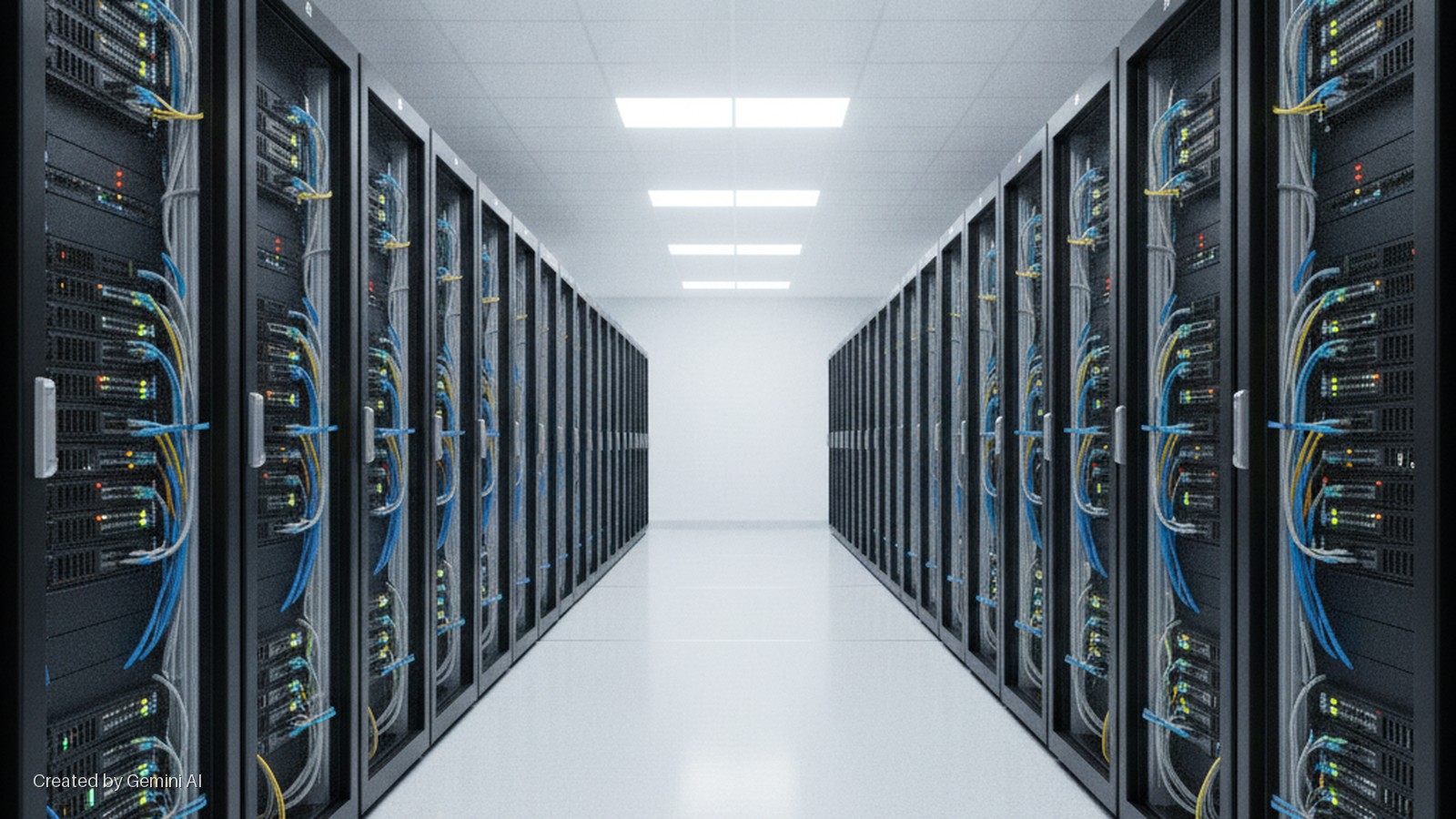 A brightly lit data center hallway with symmetrical rows of black server racks, filled with network equipment and blue, yellow, and gray cables, under rectangular fluorescent ceiling lights.