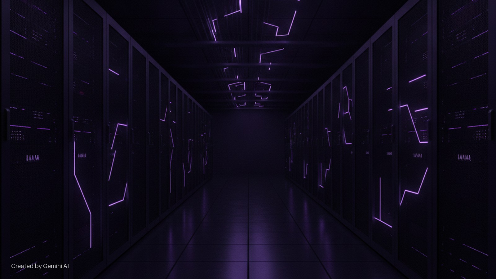 A dark server room corridor features rows of black server cabinets on both sides, illuminated by bright purple glowing lines that continue across the ceiling and subtly reflect on the floor.