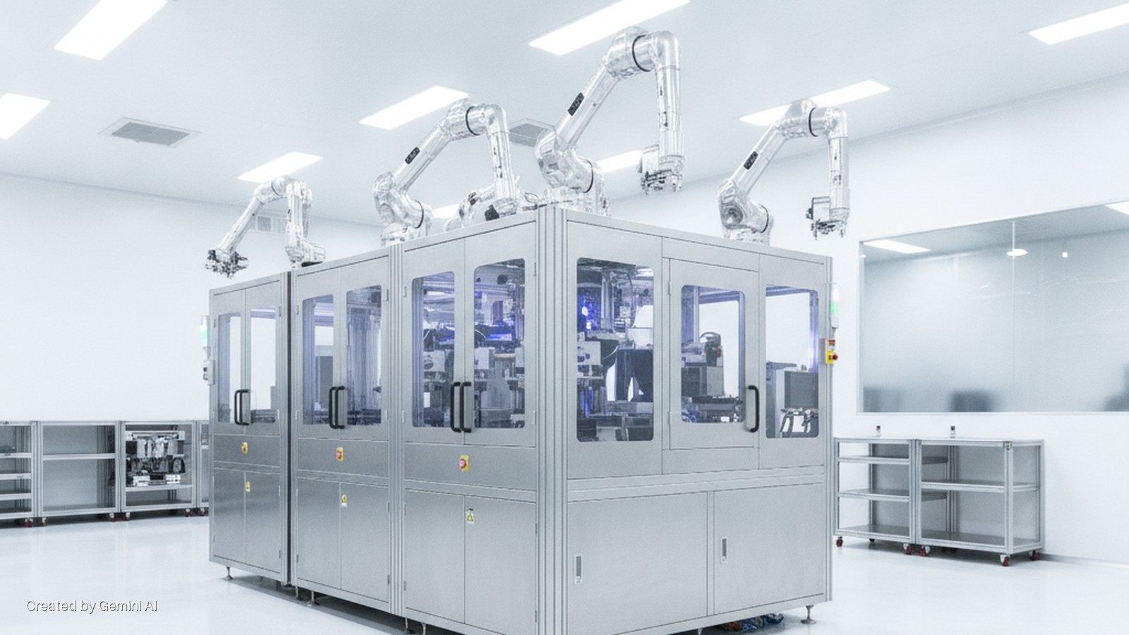 Four transparent robotic arms are mounted on a series of automated manufacturing machines in a brightly lit, sterile cleanroom, with modular shelving units and a large glass window also visible.