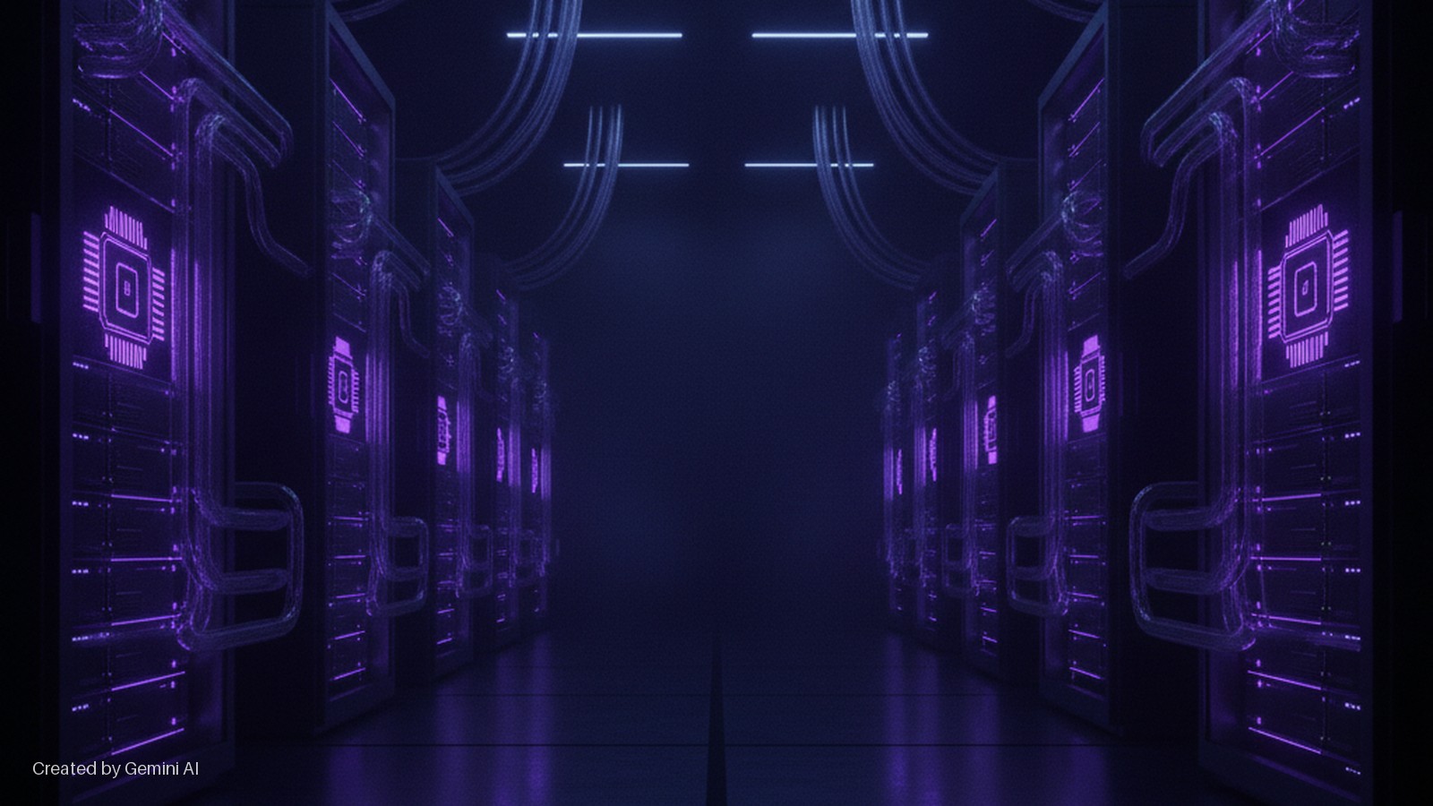 A dimly lit server room corridor is lined with rows of dark server racks featuring glowing purple circuit board designs and transparent tubing, illuminated overhead by blue linear lights.