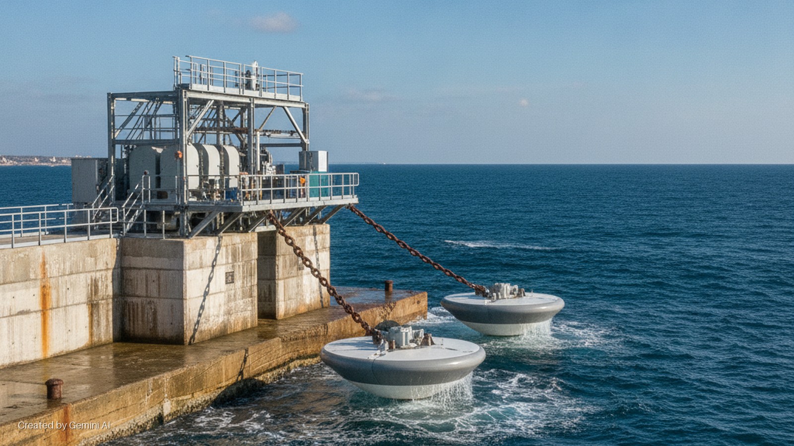 A metal industrial structure stands on a concrete pier, connected by heavy chains to two disc-shaped wave energy converters floating in the sunny blue sea.