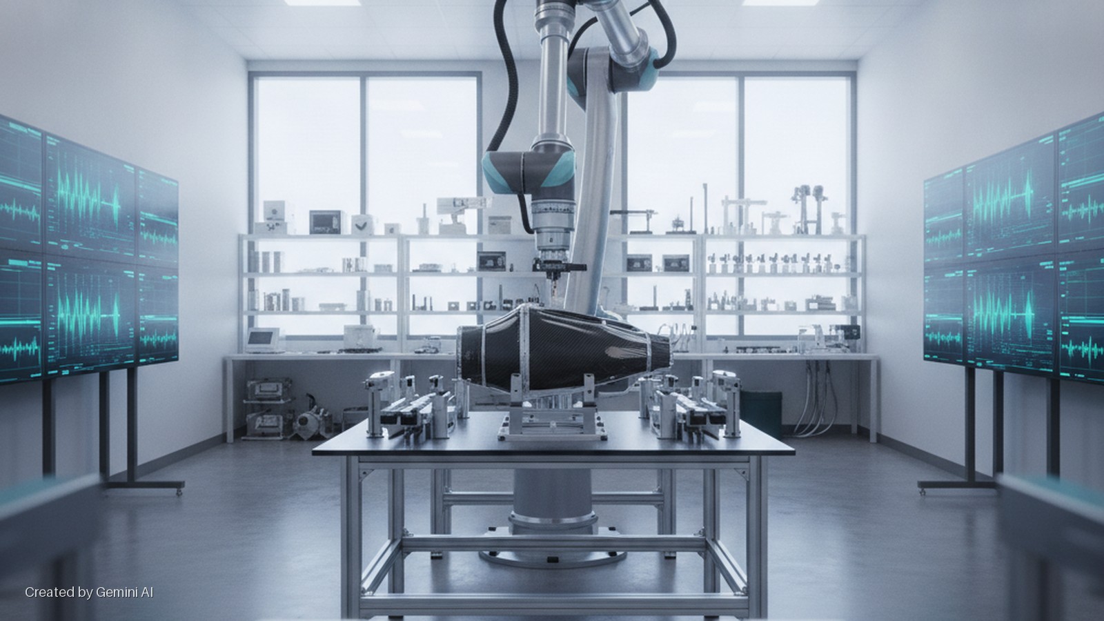 A robotic arm precisely inspects a black carbon fiber component on a table in a brightly lit, modern laboratory surrounded by multiple monitors displaying teal waveform data and shelves stocked with various equipment.