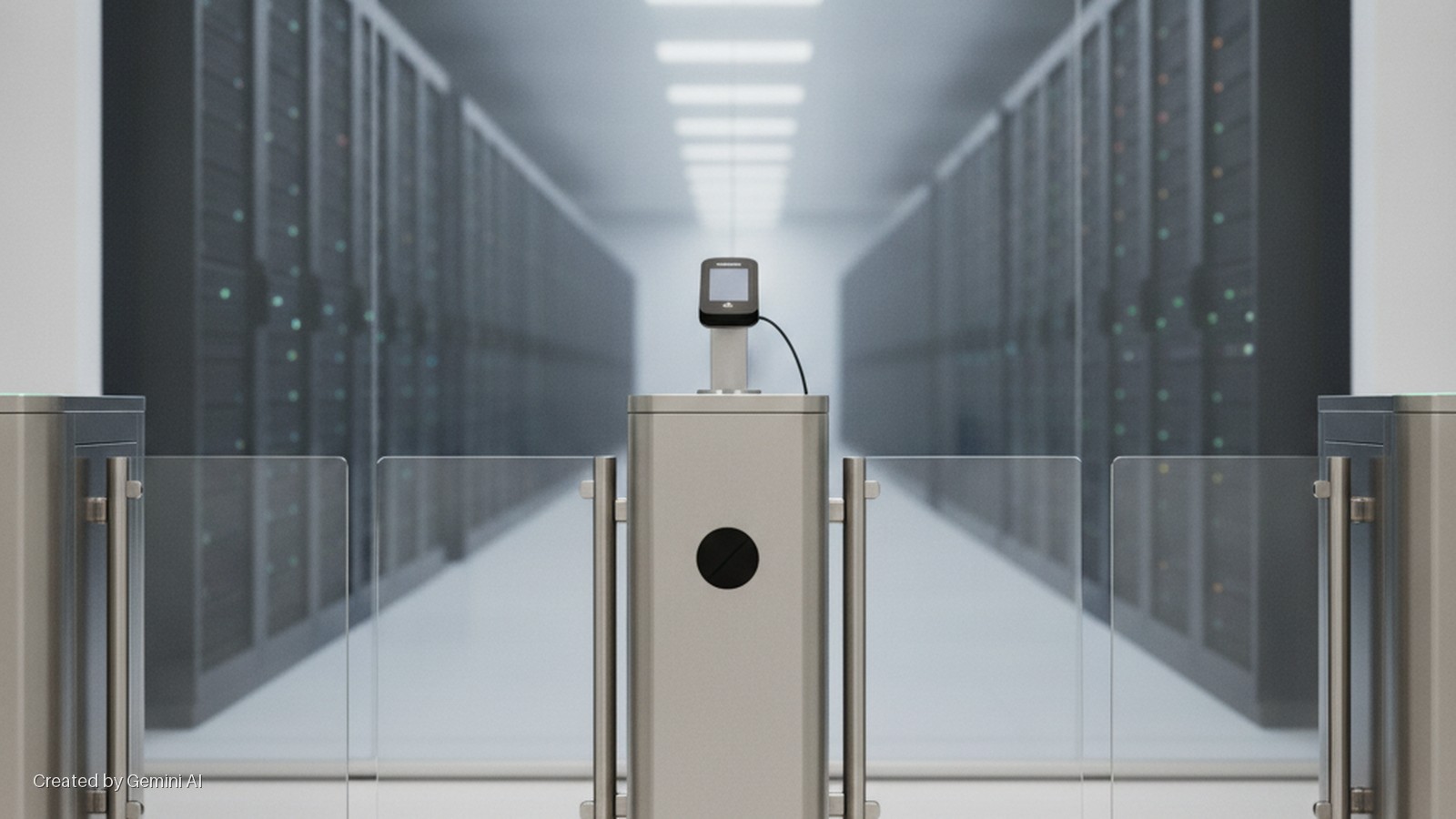 A well-lit data center entrance features a silver security turnstile with glass barriers and an access control device, leading to rows of server racks with illuminated status lights.