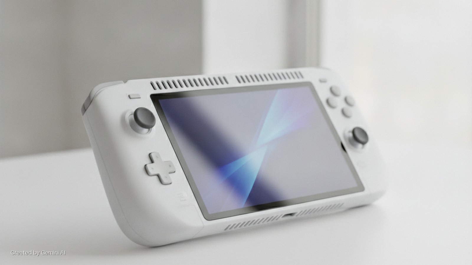 A white handheld gaming console, displaying abstract blue graphics on its screen and featuring a D-pad, analog sticks, and buttons, rests angled on a light surface under bright, soft lighting.