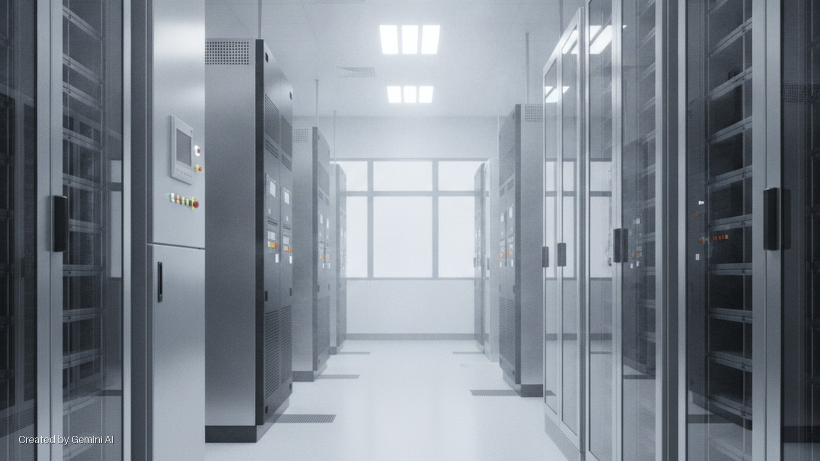 A bright, cool-toned data center corridor with rows of silver server racks, some featuring glass doors and control panels, illuminated by rectangular ceiling lights and a large window at the far end.