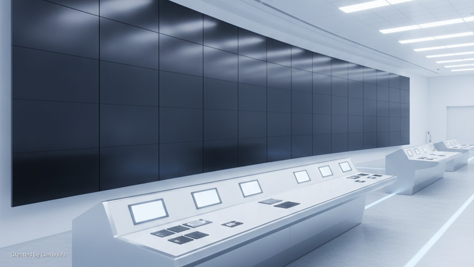 A modern control room features a large grid video wall, multiple white control consoles with illuminated screens and vintage floppy disks, under bright white ceiling lights.