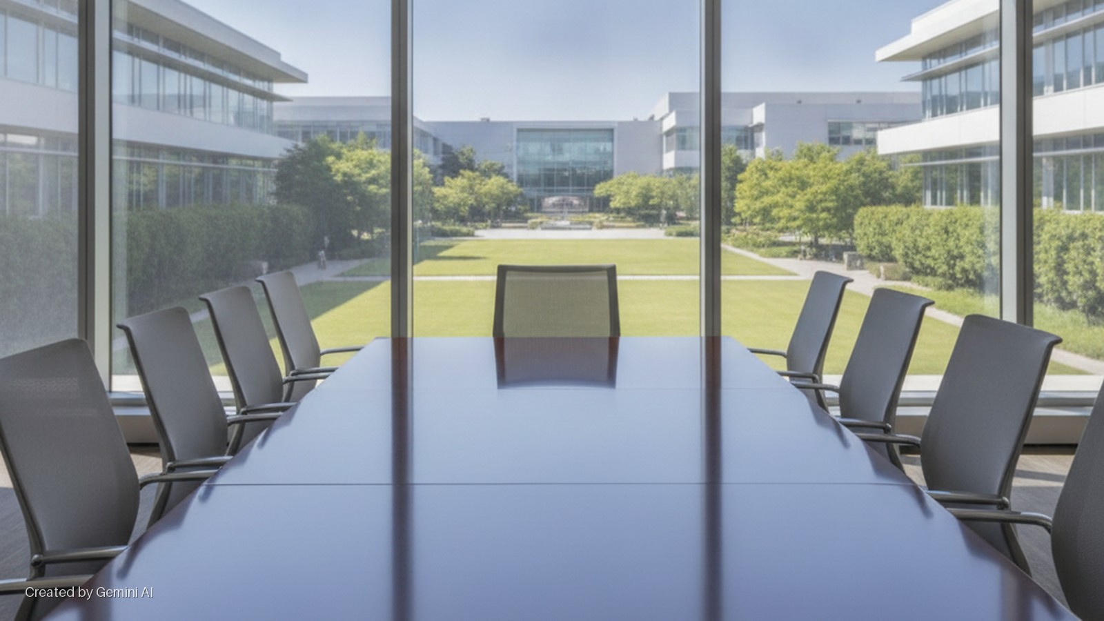 An empty, sunlit modern conference room with a long dark table and grey chairs faces large windows that look out onto a corporate campus with green lawns, trees, office buildings, and a central fountain.