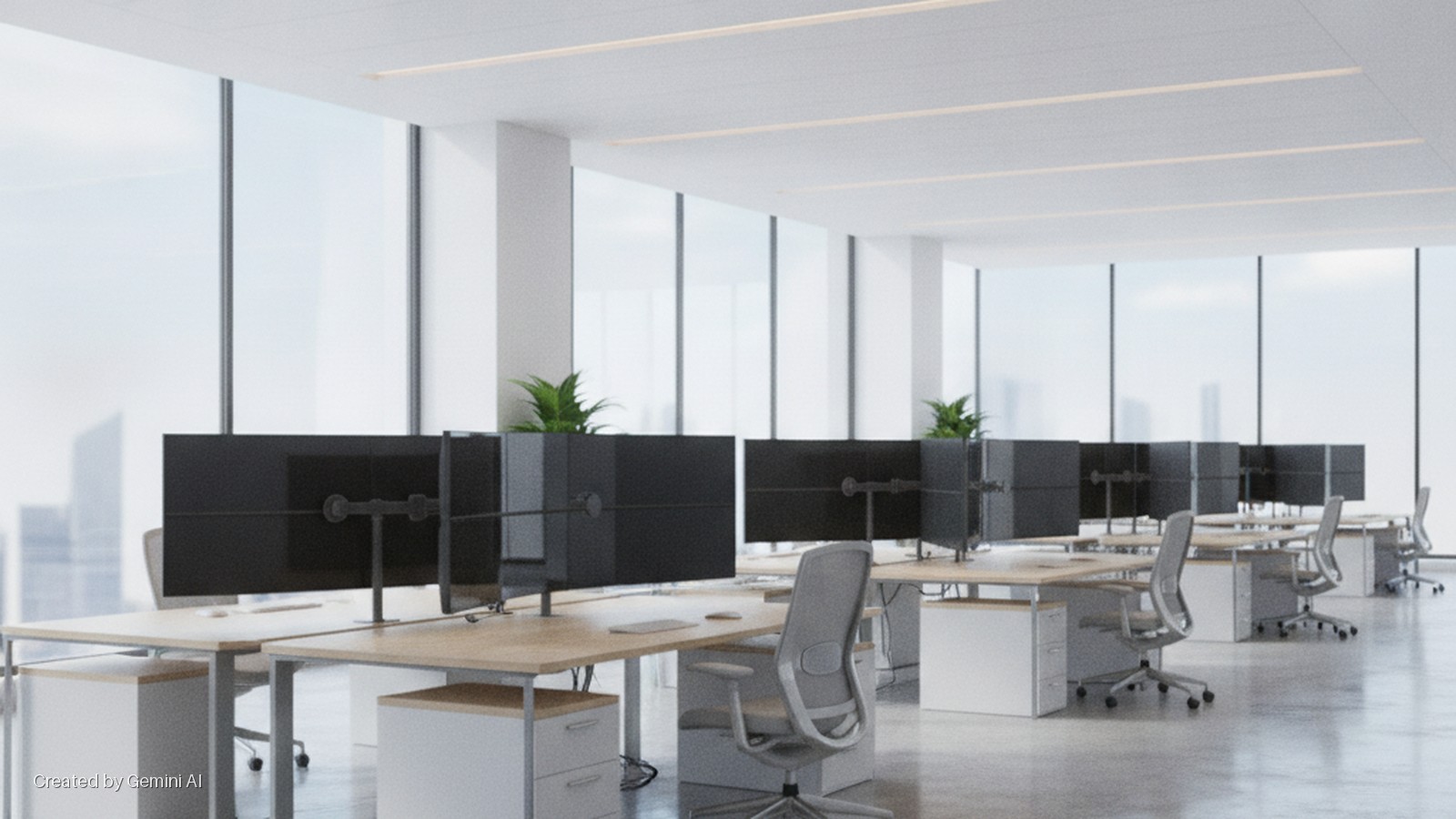 A modern, brightly lit office features rows of wooden desks with grey office chairs, black multi-monitor setups, and potted plants, illuminated by large windows and linear ceiling lights.