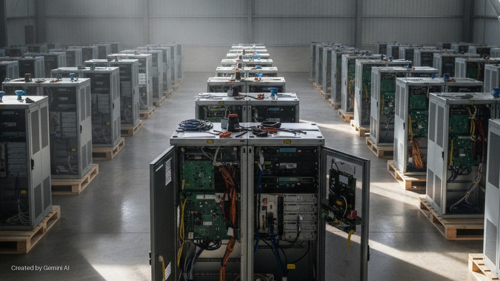 Numerous server racks, some open to reveal circuit boards and wiring, are arranged in rows on wooden pallets in a spacious, brightly lit warehouse, with tools resting on the open racks in the foreground.