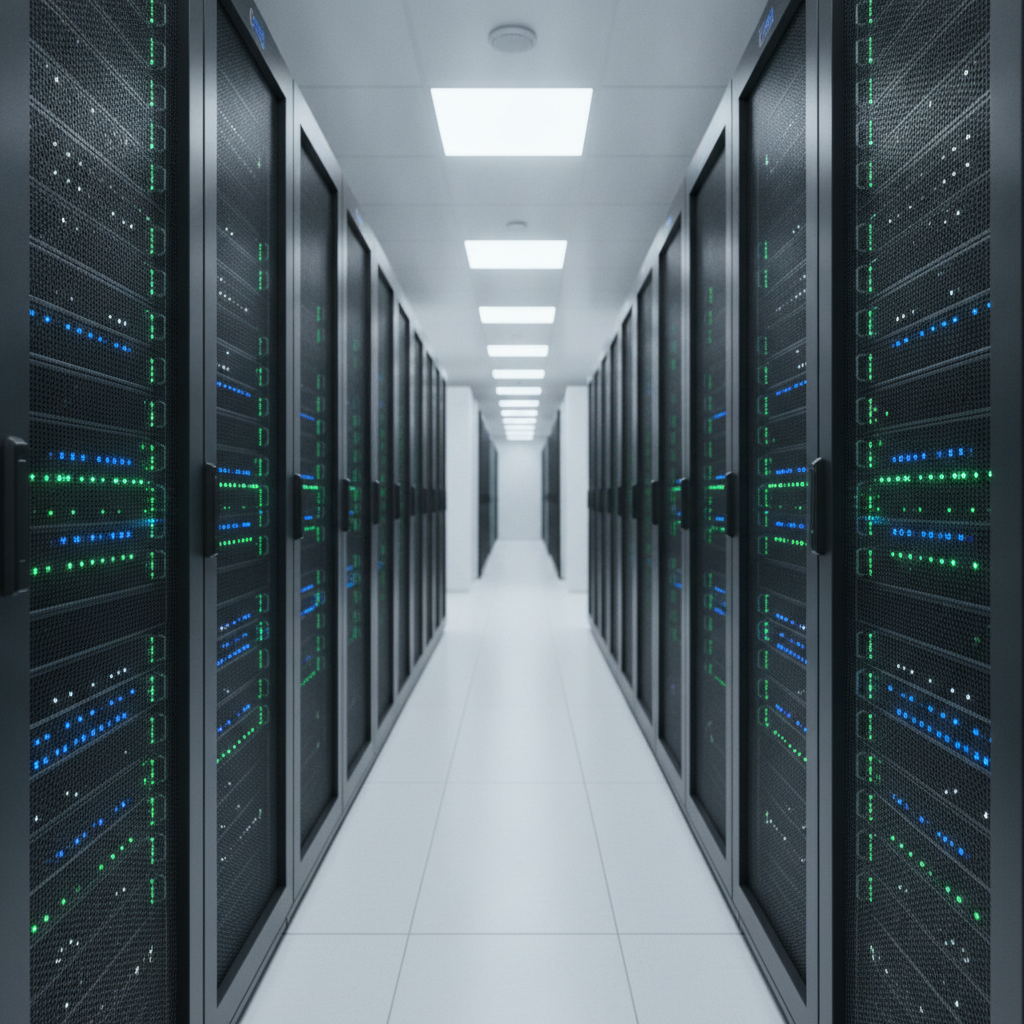 A long, brightly lit corridor in a data center features rows of black server racks on both sides, displaying numerous glowing blue and green LED indicator lights, beneath white square ceiling panels.