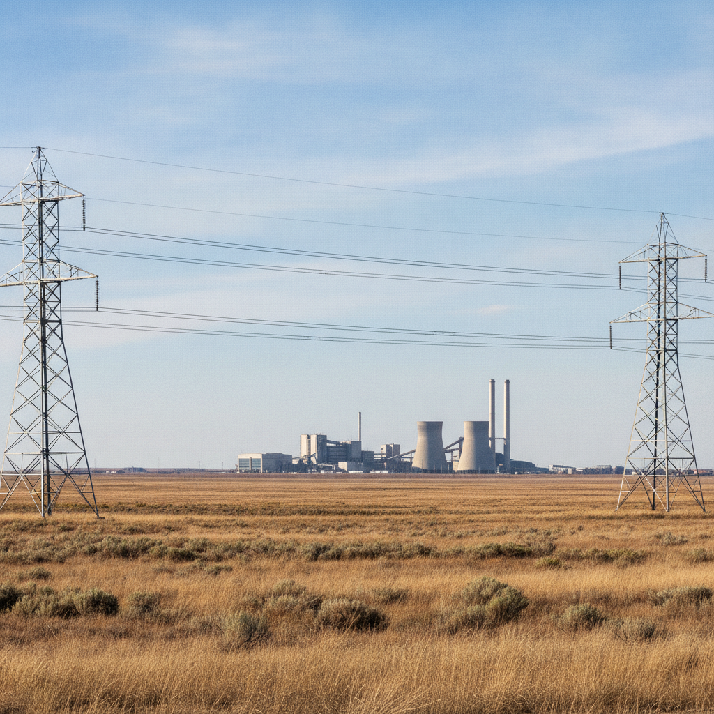 Power transmission towers and lines span a dry, golden field with a power plant, featuring cooling towers and smokestacks, in the distance under a daylight blue sky.