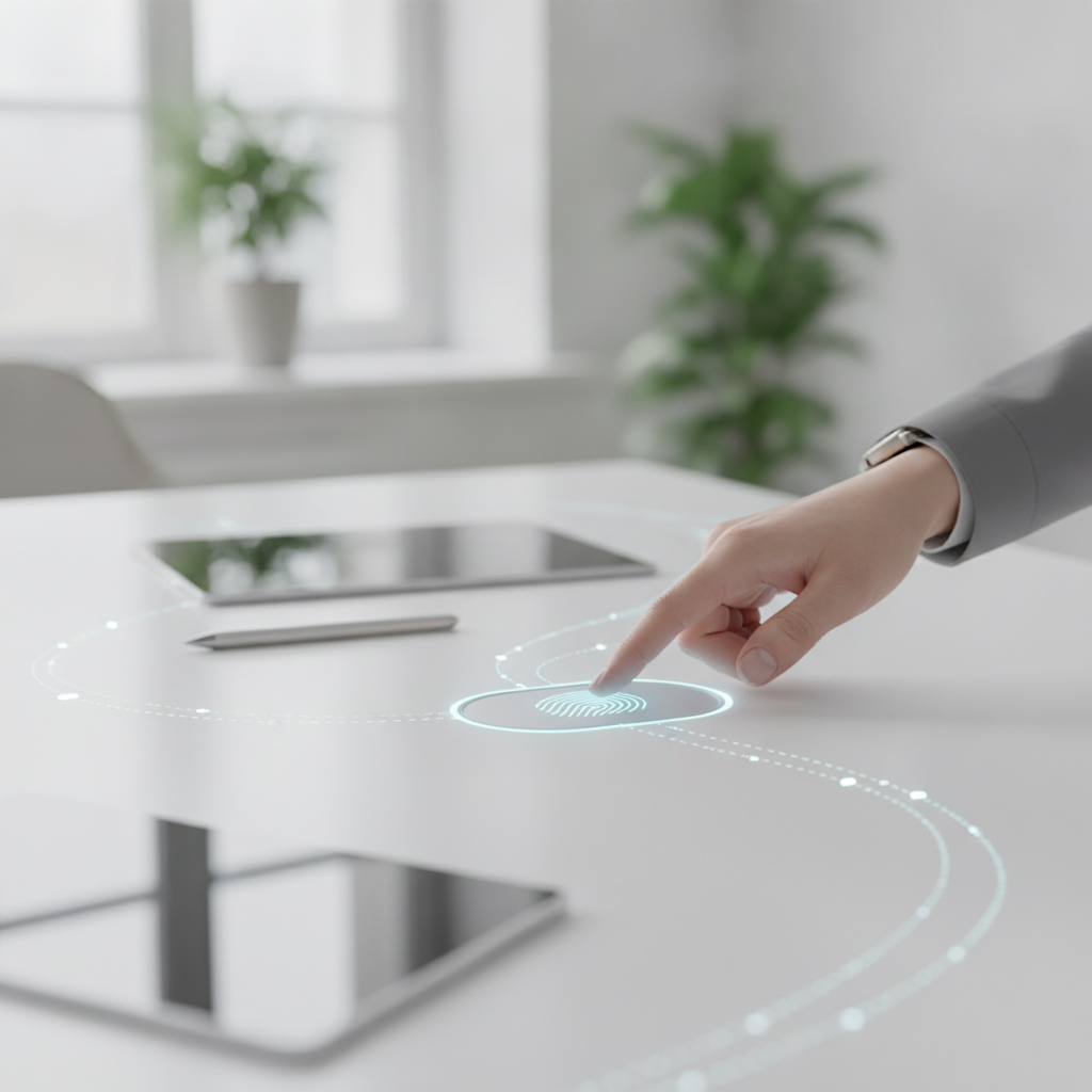 A hand in a grey suit jacket touches a glowing blue fingerprint icon on a white table, which also holds tablets and a stylus pen, in a brightly lit office.