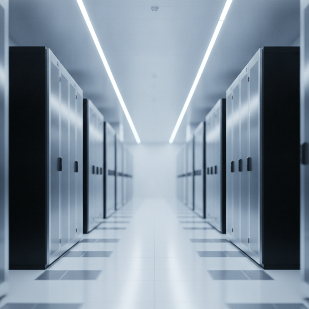 A symmetrical data center hallway with numerous black server cabinets lining both sides, illuminated by bright, cool-white linear ceiling lights.