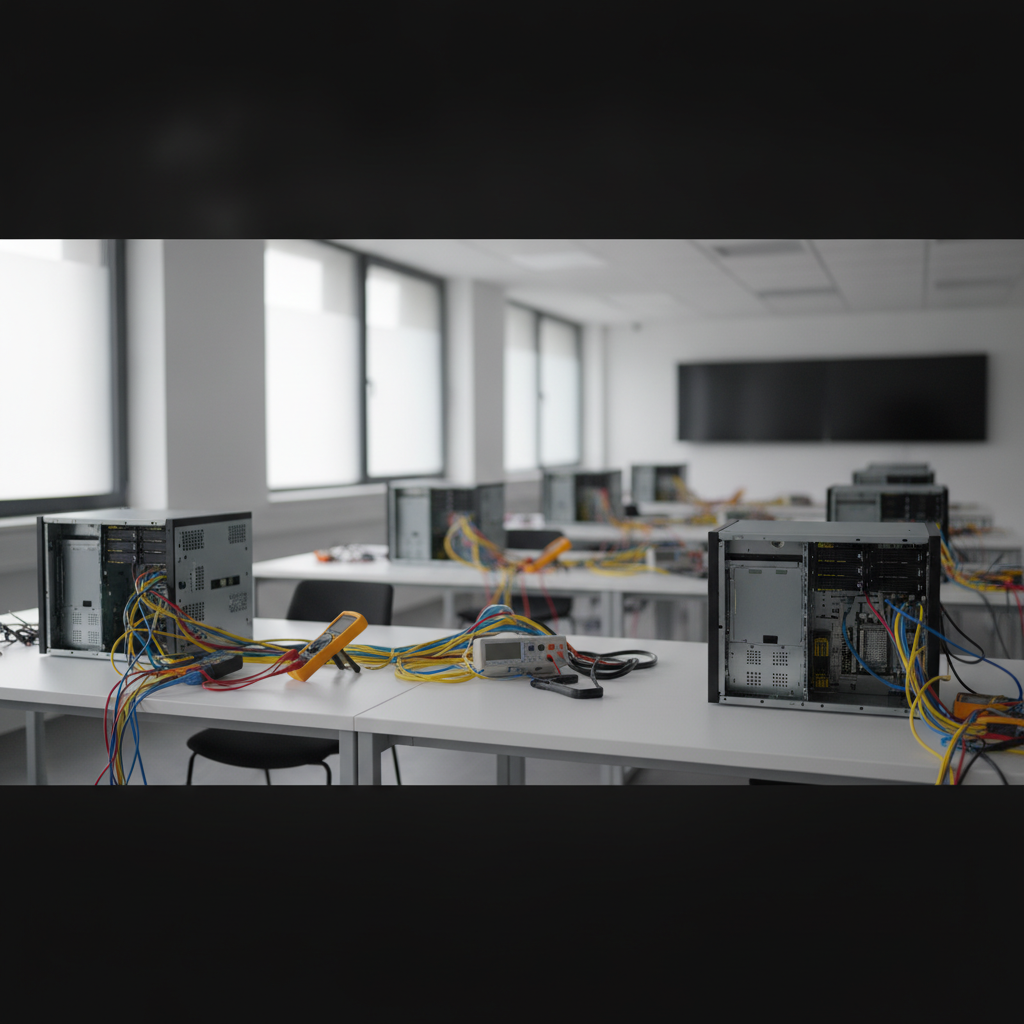 A well-lit computer lab features multiple open desktop computer cases with colorful wires connected to multimeters and other electronic equipment on white tables, with large windows and a display screen visible in the background.