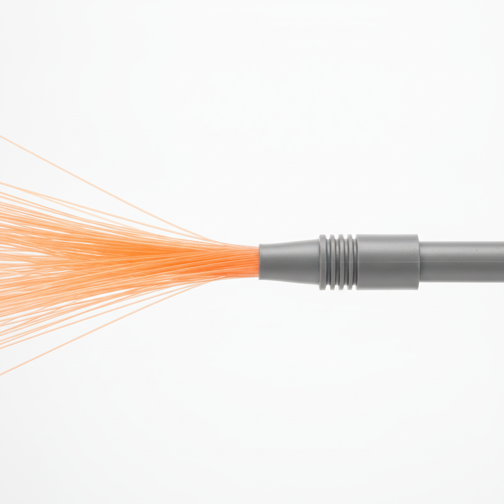 Orange fiber optic cables fan out from a gray plastic connector attached to a gray cable, all against a bright white background.